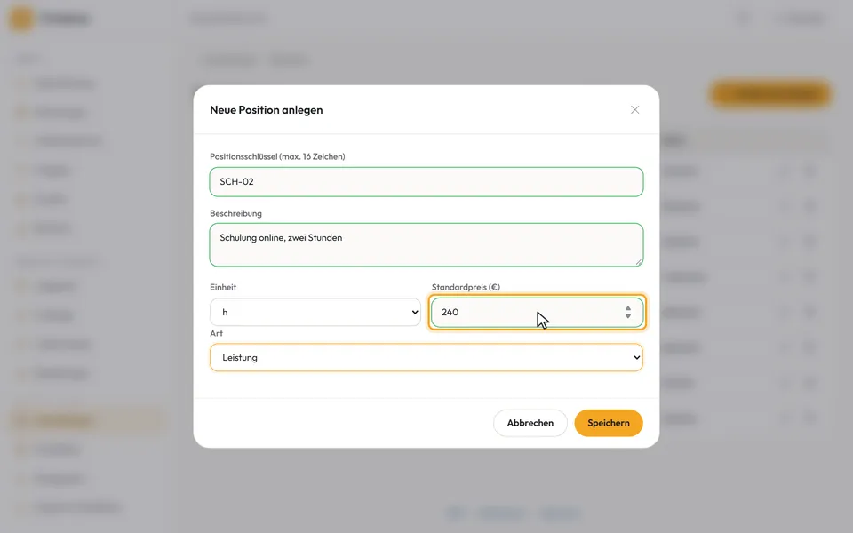 Der Dialog „Neue Position anlegen“ mit Schlüssel, Beschreibung, Einheit und Standardpreis