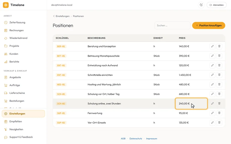 Einheit und Preis der neuen Position in der Liste
