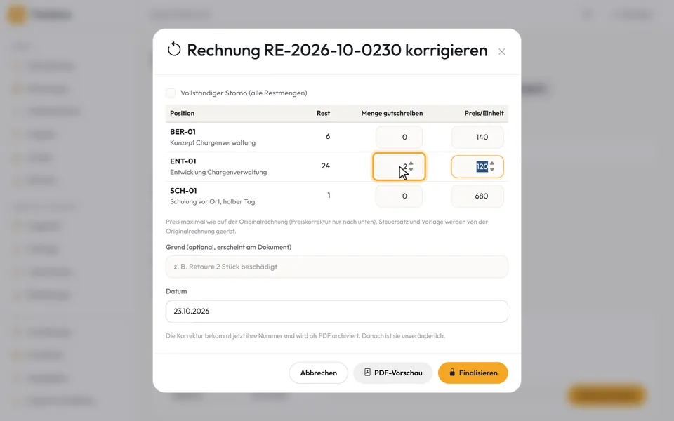 Die Positionen mit Restmenge, bei einer Position 2 unter „Menge gutschreiben“