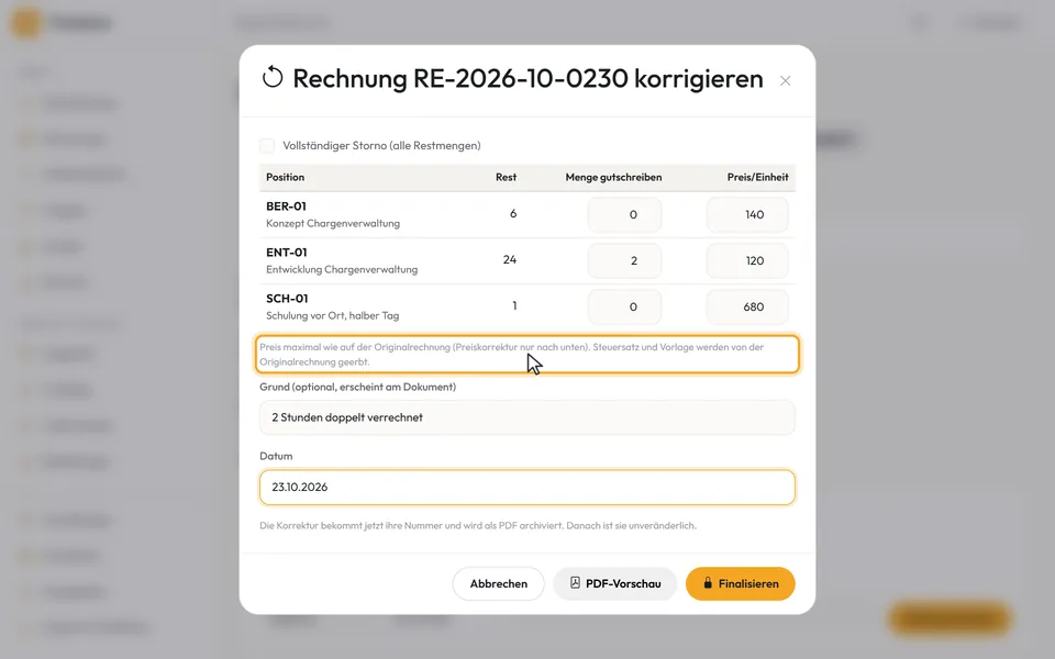 Der eingetragene Grund und der Hinweis unter der Tabelle
