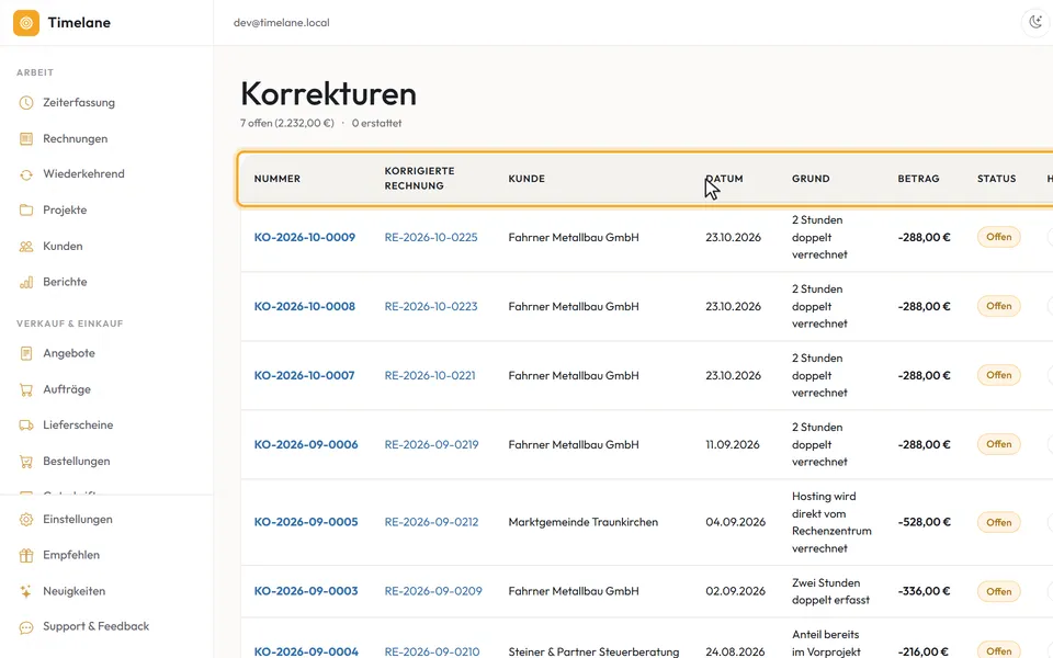 Die Seite „Korrekturen“ mit ihrer Tabelle