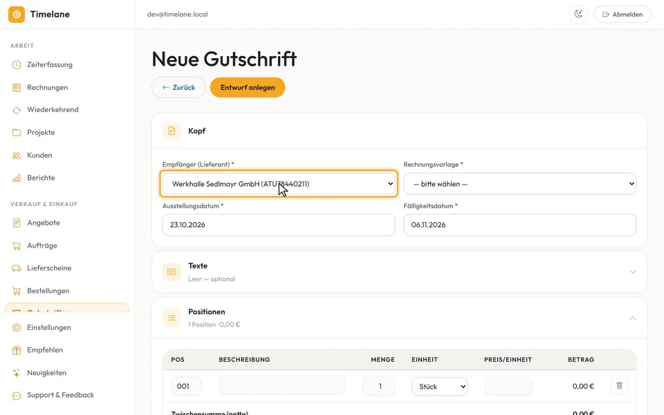 Das Formular „Neue Gutschrift“ mit dem gewählten Empfänger