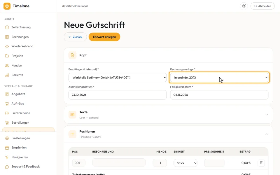 Die gewählte Rechnungsvorlage mit ihrem Steuersatz