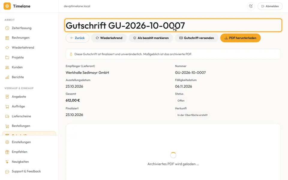 Die finalisierte Gutschrift mit ihrer Nummer im Titel