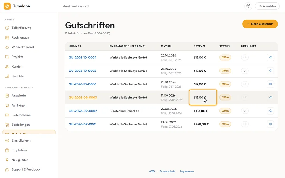Mehrere Gutschriften mit Empfänger und Betrag