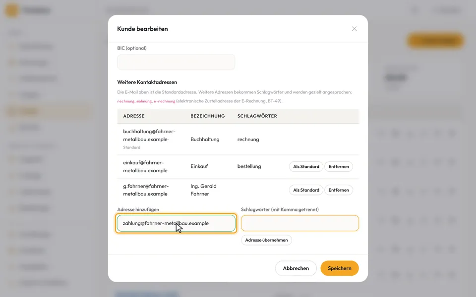 Die neue Adresse im Feld „Adresse hinzufügen“