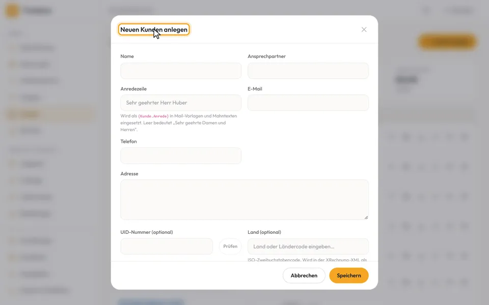 Der leere Dialog „Neuen Kunden anlegen“