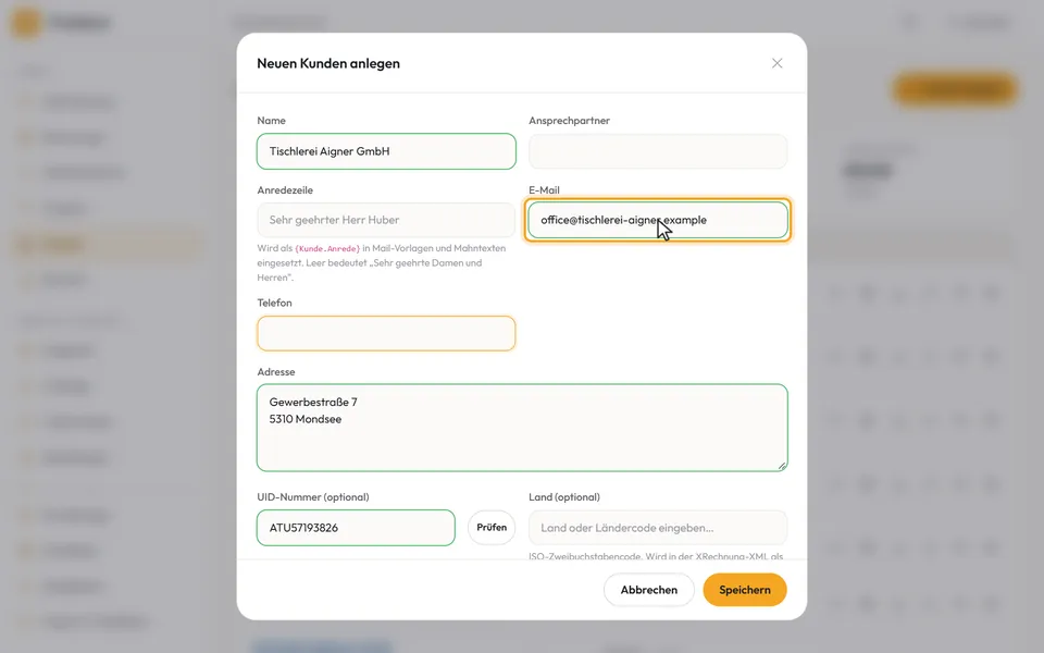 UID-Nummer, der Knopf „Prüfen“ und die E-Mail-Adresse