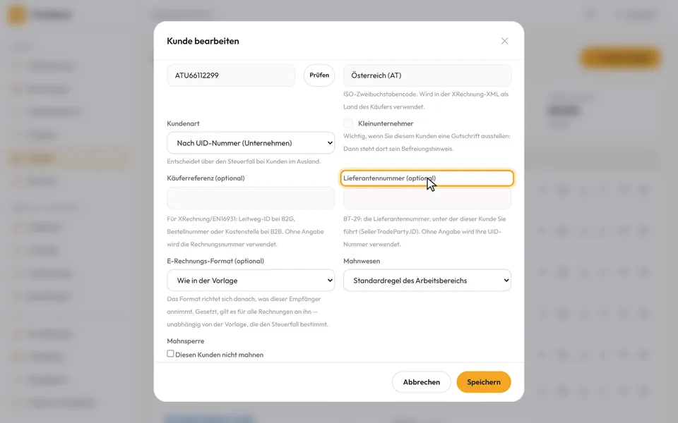 Die Felder „Käuferreferenz (optional)“ und „Lieferantennummer (optional)“