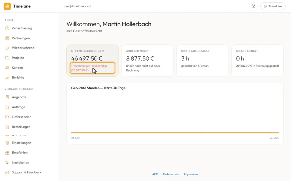 Die Kachel „Offene Rechnungen“ mit dem Hinweis „überfällig“