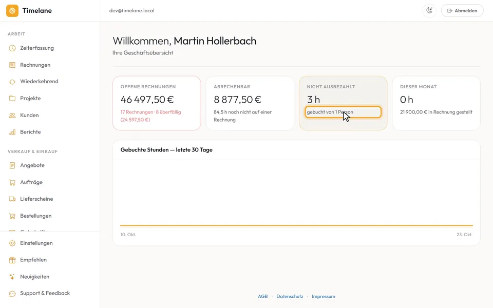 Die Kacheln „Abrechenbar“ und „Nicht ausbezahlt“