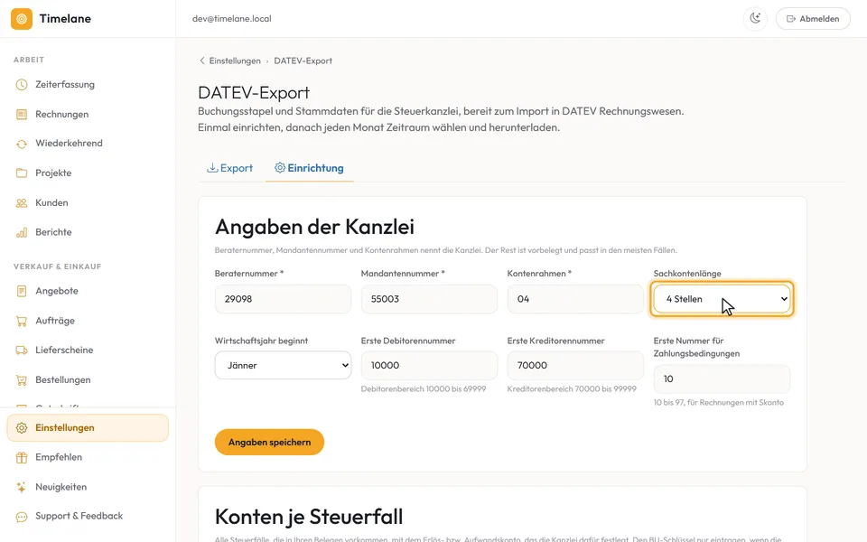 Die Karte „Angaben der Kanzlei“ mit den drei Nummern