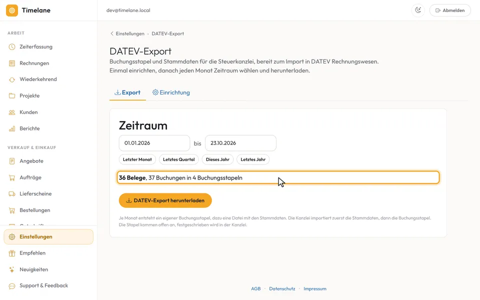 Der Reiter „Export“ mit Zeitraum und Zusammenfassung