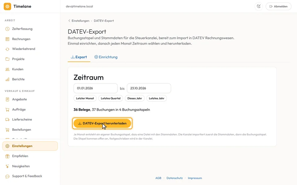 Der Knopf „DATEV-Export herunterladen“