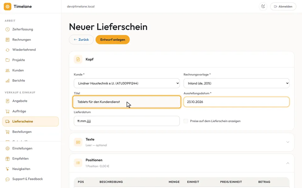 Der neue Lieferschein mit gewähltem Kunden und Titel