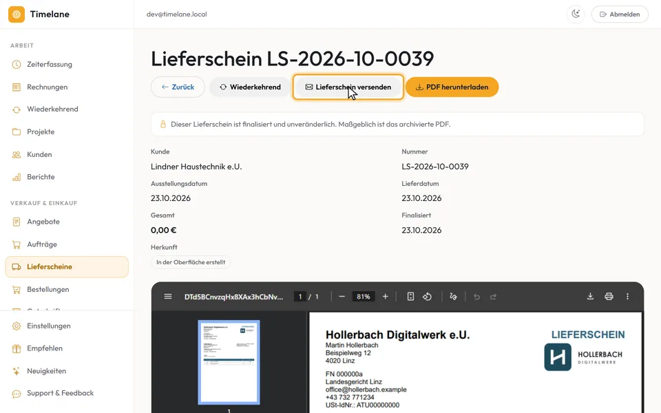 Der finalisierte Lieferschein mit Nummer und dem Knopf „PDF herunterladen“