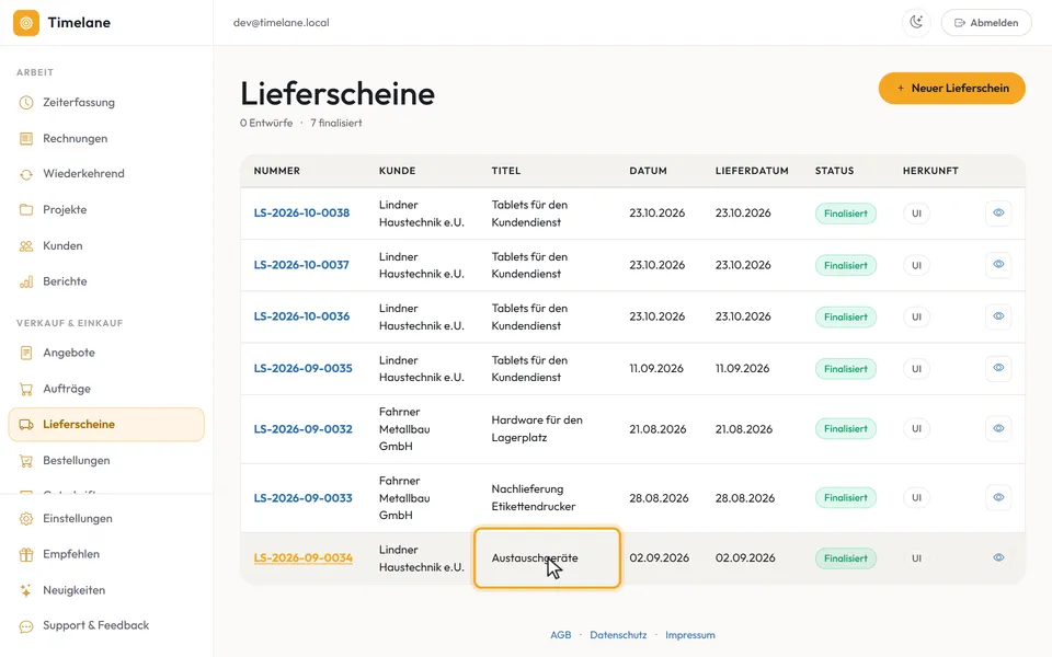 Die Lieferscheinliste mit Kunde und Titel