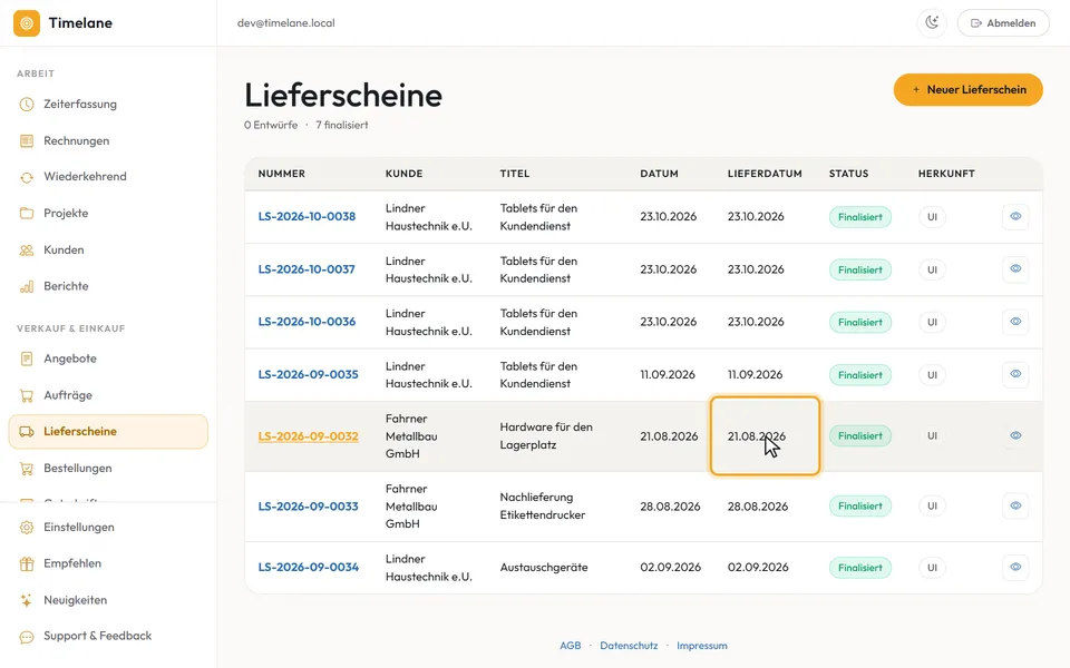 Die Spalte „Lieferdatum“ in der Lieferscheinliste