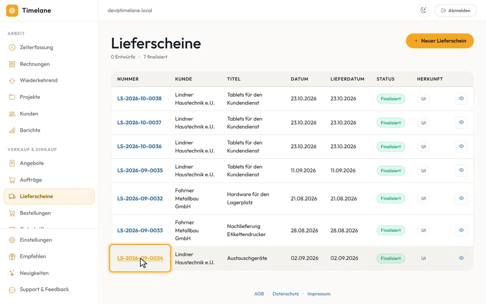 Die Spalte „Nummer“ mit den Lieferscheinnummern