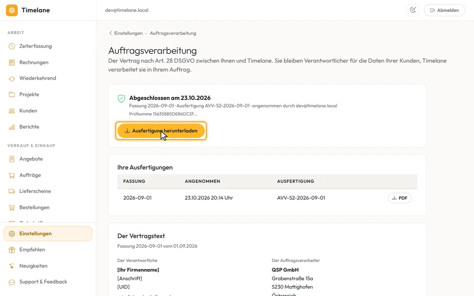 Der Knopf „Ausfertigung herunterladen“