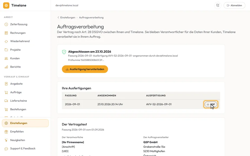 Die Tabelle „Ihre Ausfertigungen“ mit dem Knopf „PDF“