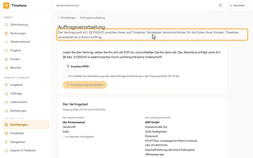 Der Kopf der Seite „Auftragsverarbeitung“ mit dem Untertitel