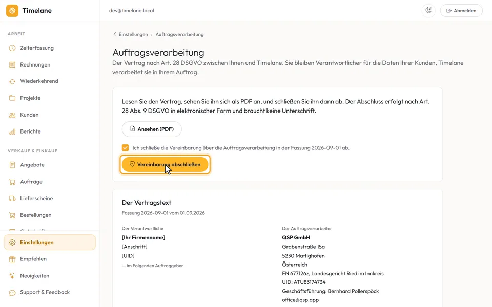 Das gesetzte Häkchen und der Knopf „Vereinbarung abschließen“