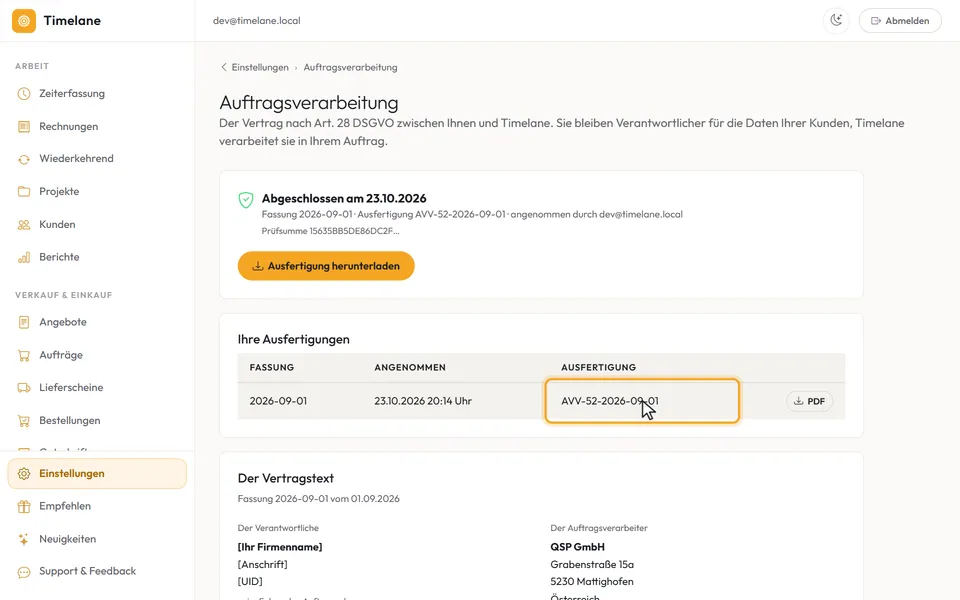 „Abgeschlossen am …“ und die Tabelle „Ihre Ausfertigungen“