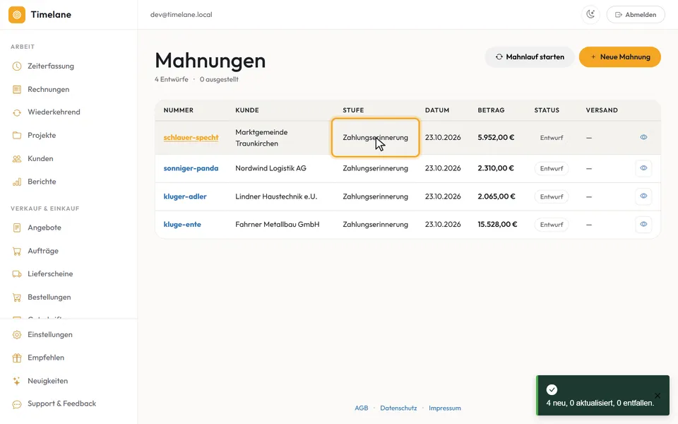 Neue Entwürfe in der Liste, die Spalte „Stufe“