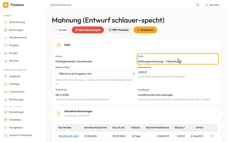 Der Mahnungsentwurf mit dem Abschnitt „Kopf“