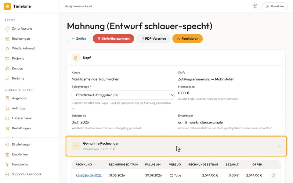 Der Abschnitt „Gemahnte Rechnungen“