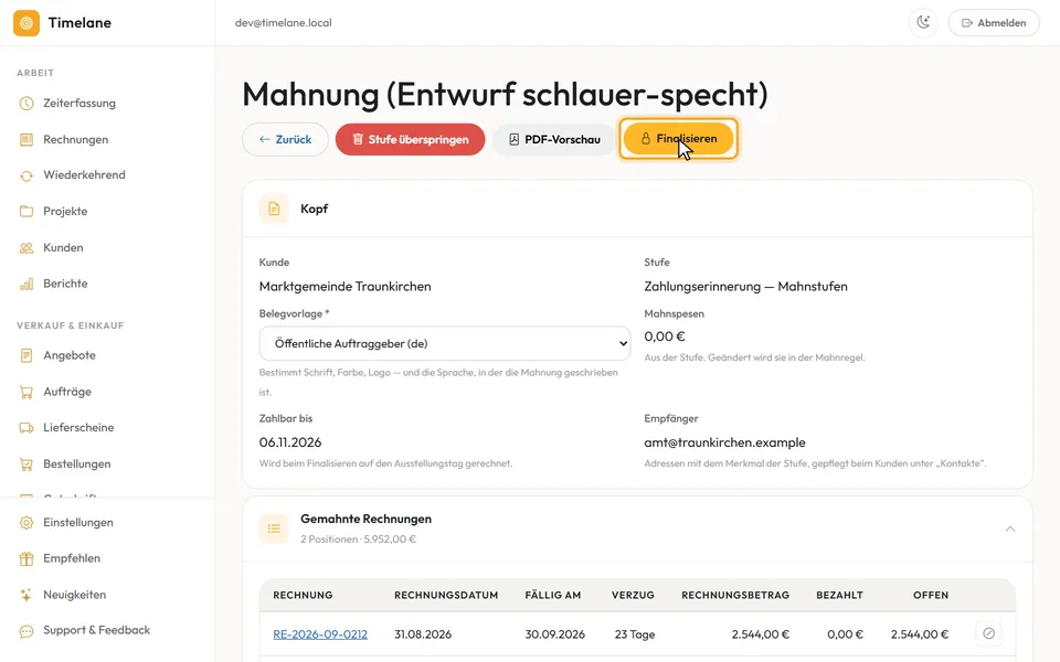 Die Knöpfe „Stufe überspringen“, „PDF-Vorschau“ und „Finalisieren“
