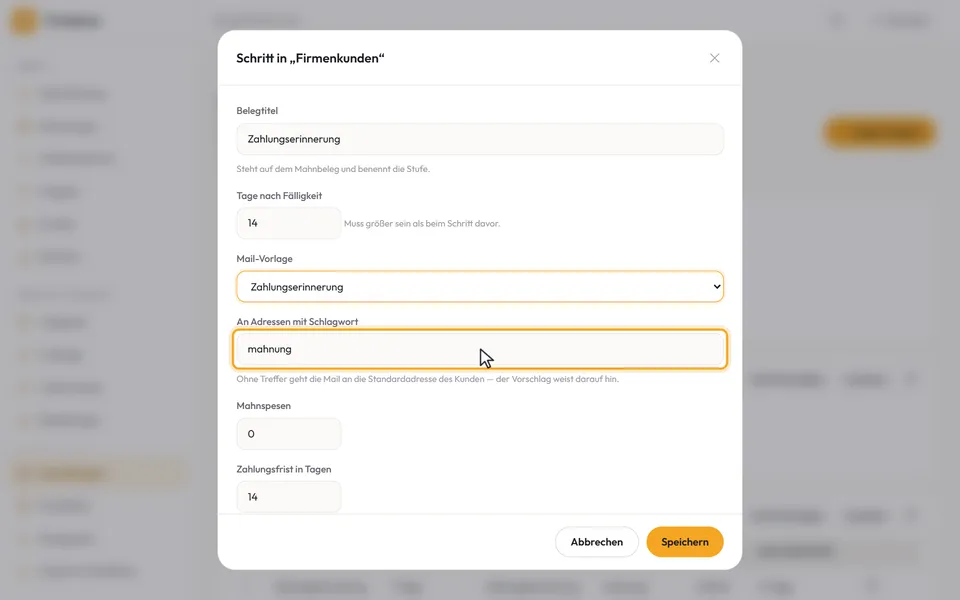 Der Dialog mit Belegtitel, Tagen, Mail-Vorlage und Schlagwort