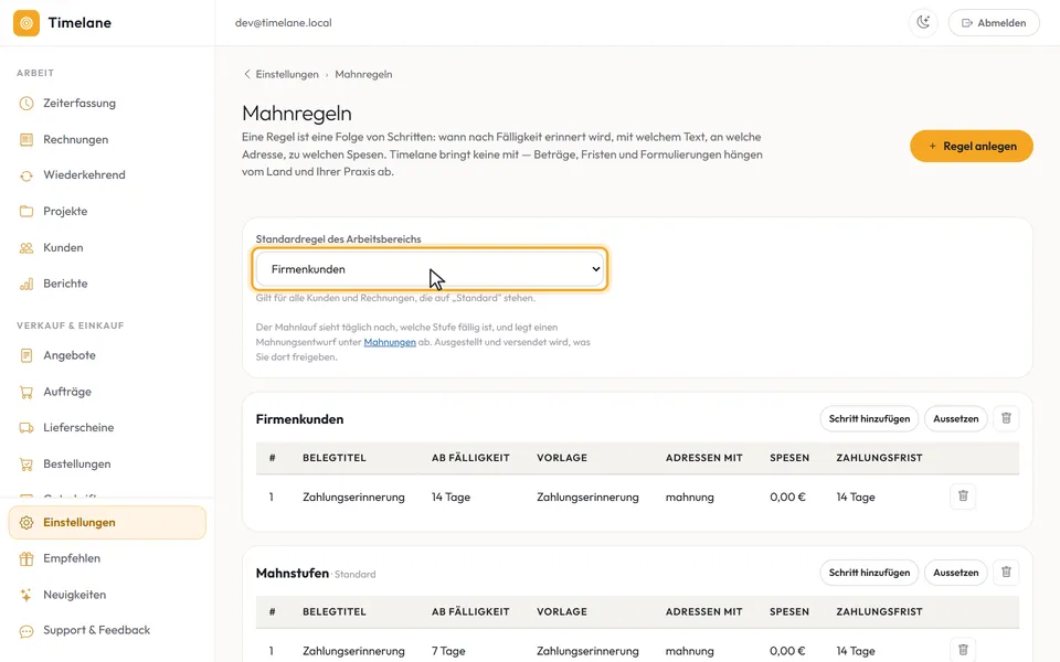 Das Feld „Standardregel des Arbeitsbereichs“