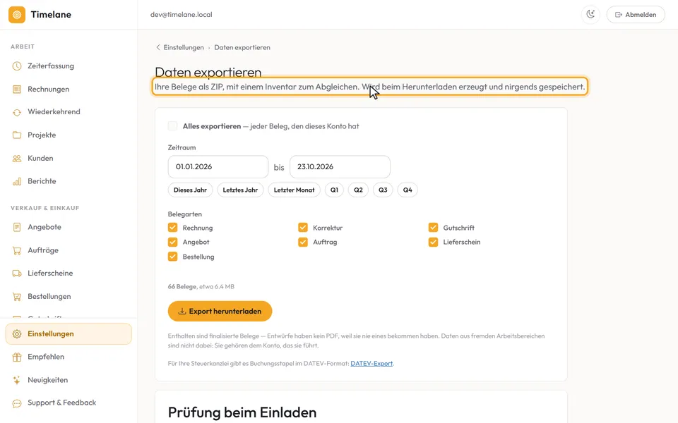 Der Untertitel „Ihre Belege als ZIP, mit einem Inventar zum Abgleichen“