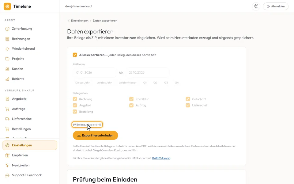 Das Häkchen „Alles exportieren“ ist wieder gesetzt