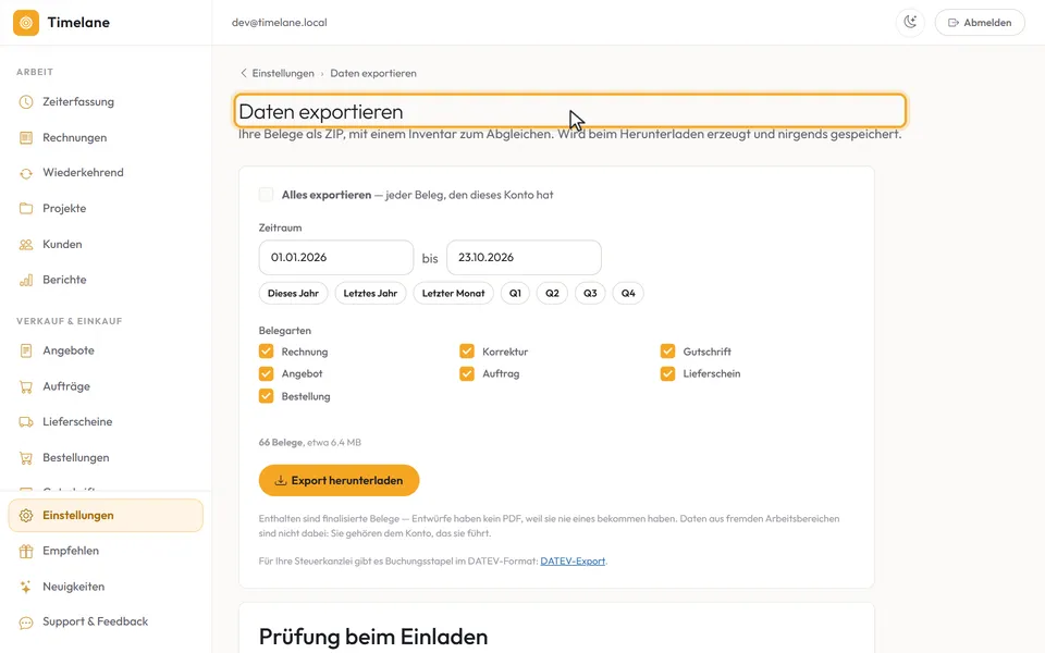 Der Kopf der Seite „Daten exportieren“