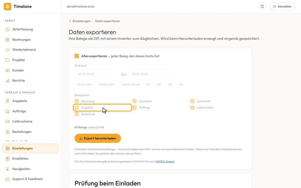 Das Häkchen „Alles exportieren“, darunter die blassen Felder