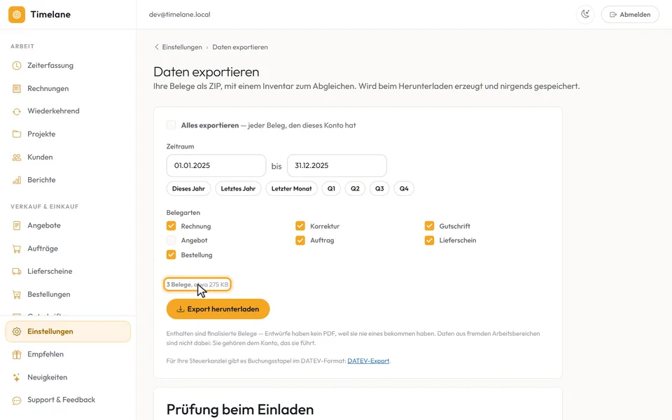 Der Zeitraum „Letztes Jahr“ und eine abgewählte Belegart