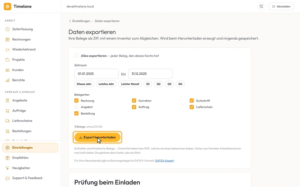 Die Zählzeile und der Knopf „Export herunterladen“