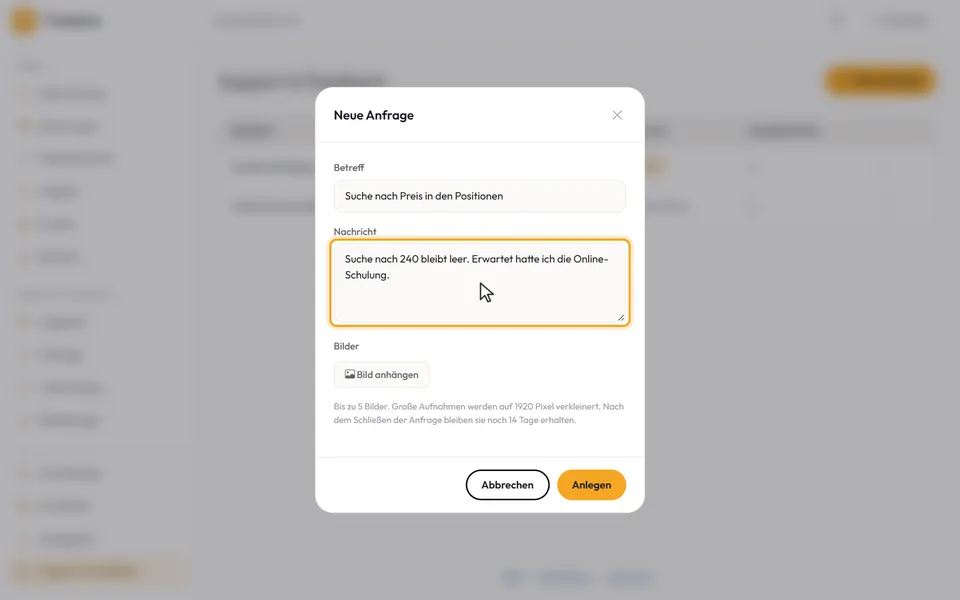 Der Dialog „Neue Anfrage“ mit Betreff und Nachricht
