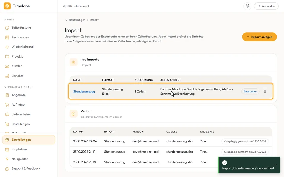 Der neue Import in der Liste