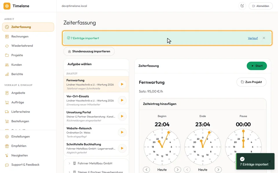 Die Erfolgsmeldung über der Zeiterfassung