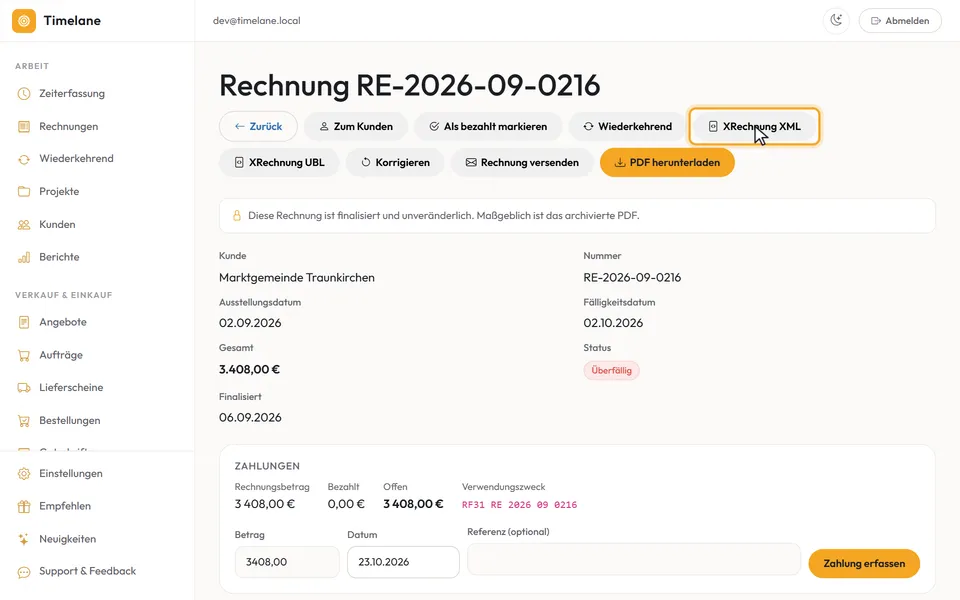 Der Knopf „XRechnung XML“ im Kopf der Rechnung