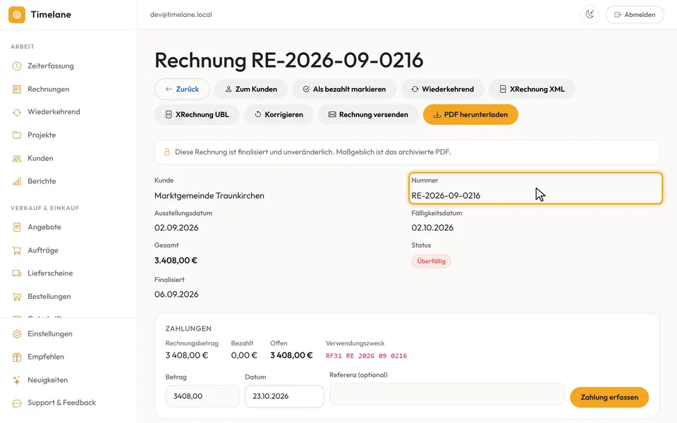 Die Kopfdaten der Rechnung mit Kunde und Nummer