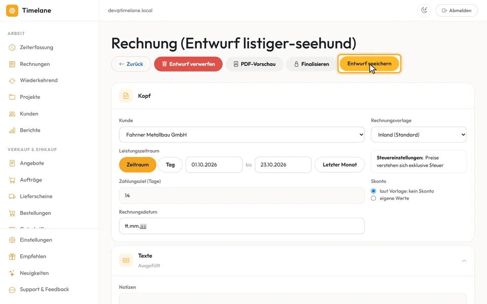 Das Entwurfsformular mit den Knöpfen „Entwurf verwerfen“, „PDF-Vorschau“, „Finalisieren“ und „Entwurf speichern“