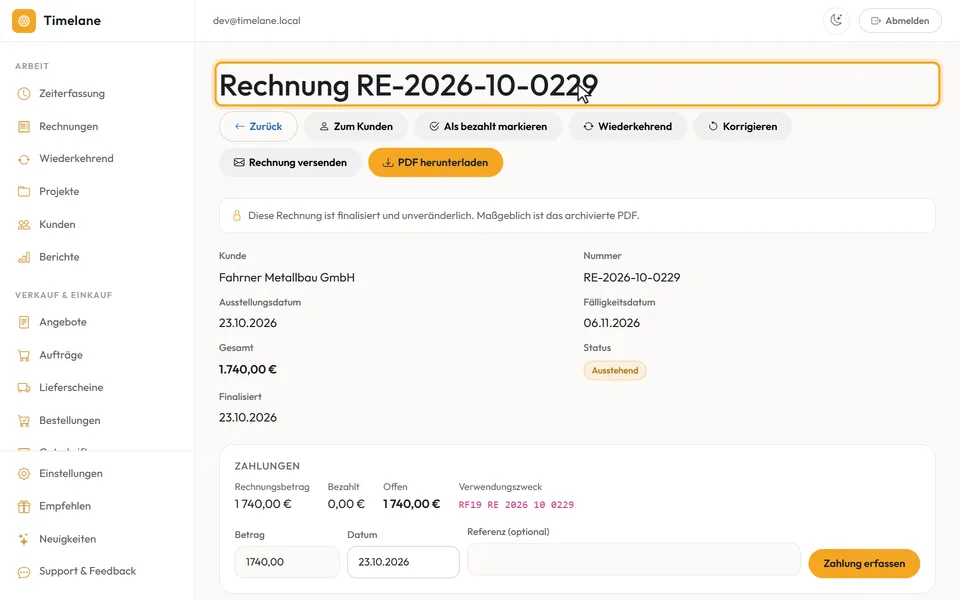 Die finalisierte Rechnung mit ihrer Nummer im Titel