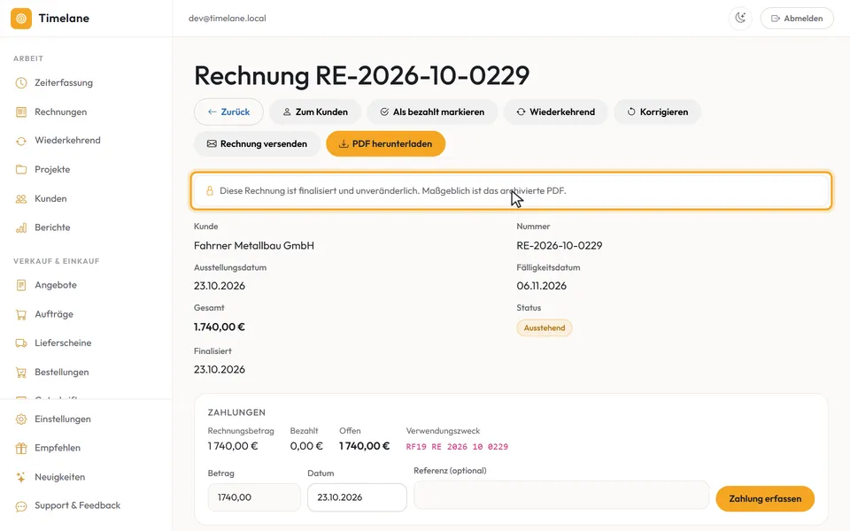 Der Hinweis „Diese Rechnung ist finalisiert und unveränderlich“ über den Kopfdaten