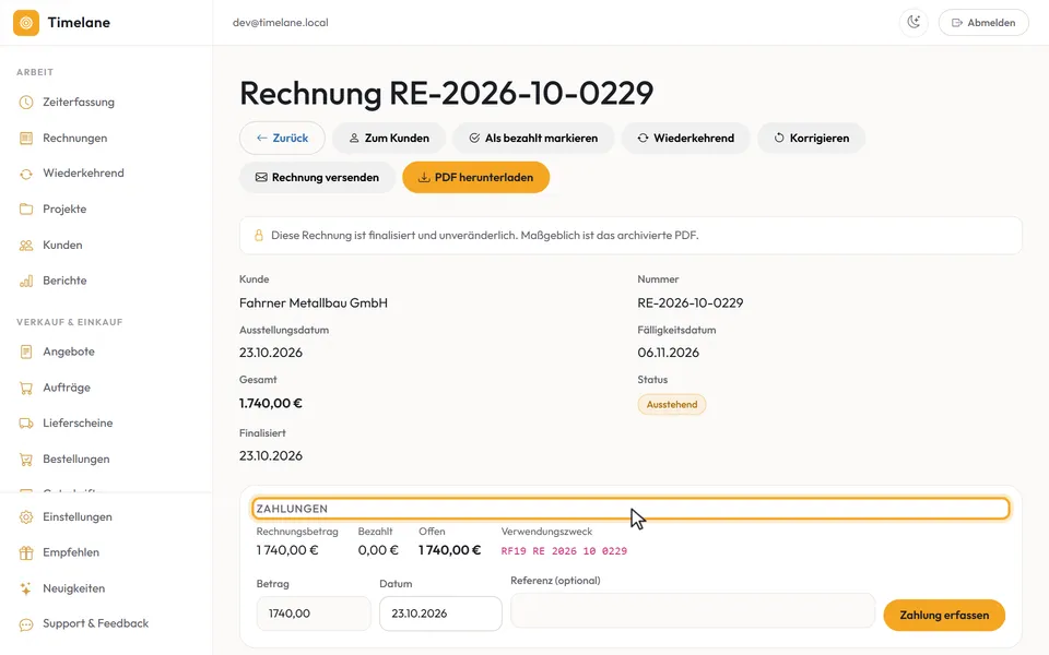 Die Knöpfe der finalisierten Rechnung und der Abschnitt „Zahlungen“