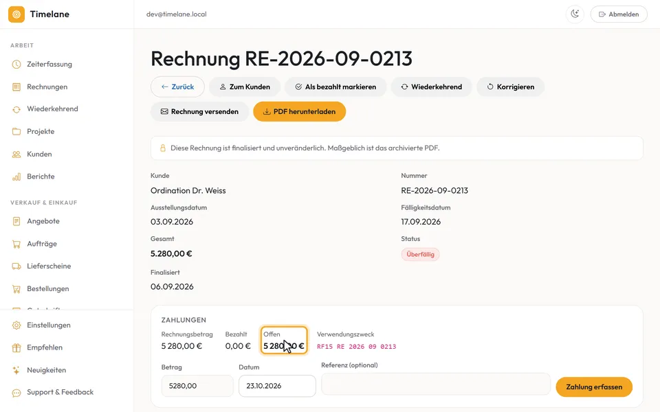 Der Abschnitt „Zahlungen“ mit Rechnungsbetrag, Bezahlt und Offen